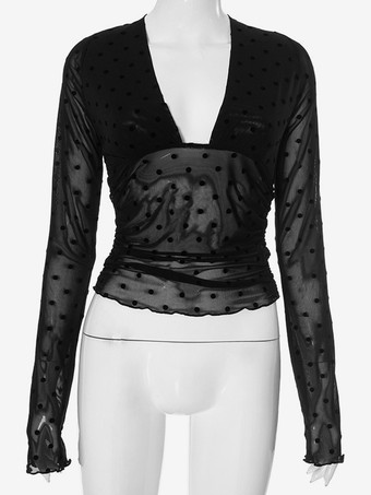 透け感のあるドットメッシュクロップトップ ディープVネック セクシーブラウス レディース 2025