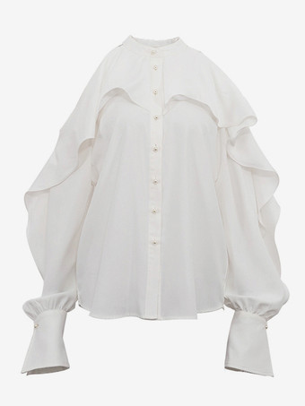 パールボタン付きフリルブラウス、オープンスリーブ、エレガントなホワイト春トップス（レディース）2025