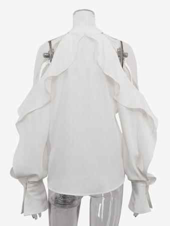 パールボタン付きフリルブラウス、オープンスリーブ、エレガントなホワイト春トップス（レディース）2025