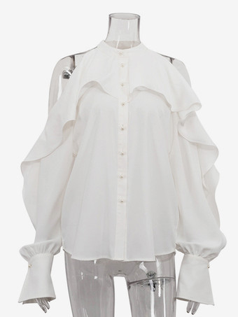 パールボタン付きフリルブラウス、オープンスリーブ、エレガントなホワイト春トップス（レディース）2025