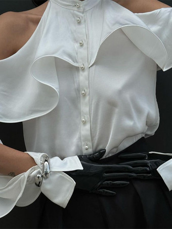 パールボタン付きフリルブラウス、オープンスリーブ、エレガントなホワイト春トップス（レディース）2025