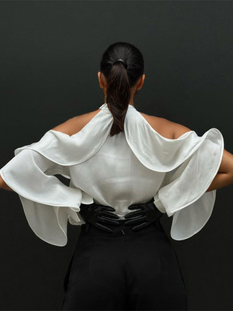 パールボタン付きフリルブラウス、オープンスリーブ、エレガントなホワイト春トップス（レディース）2025