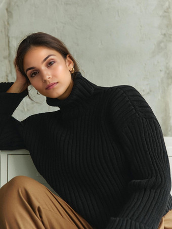 ブラック タートルネック プルオーバー セーター オーバーサイズ カフ 春 カジュアル ニット トップス レディース 2025