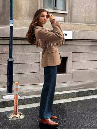 フリンジトリムブレザージャケットレディースクラシックラペル春アウターウェア2026