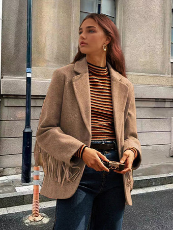 ラクダ色 フリンジトリムブレザージャケットレディースクラシックラペル春アウターウェア2026