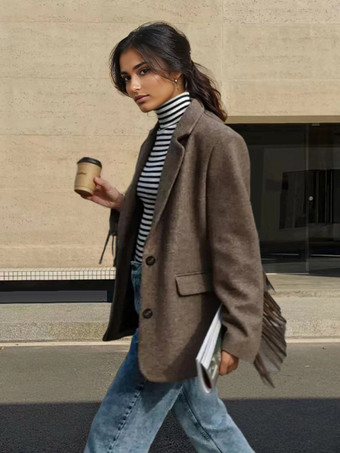 ブラウン フリンジトリムブレザージャケットレディースクラシックラペル春アウターウェア2026