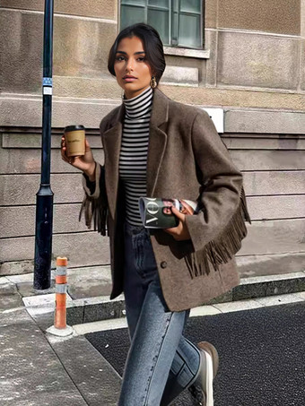 フリンジトリムブレザージャケットレディースクラシックラペル春アウターウェア2026