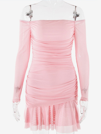 フリル裾のピンクのボディコンドレス、オフショルダーのルーシュバースデーパーティーミニドレス、女性用 2025