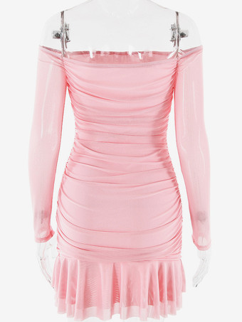 フリル裾のピンクのボディコンドレス、オフショルダーのルーシュバースデーパーティーミニドレス、女性用 2025