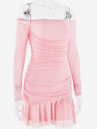 フリル裾のピンクのボディコンドレス、オフショルダーのルーシュバースデーパーティーミニドレス、女性用 2025