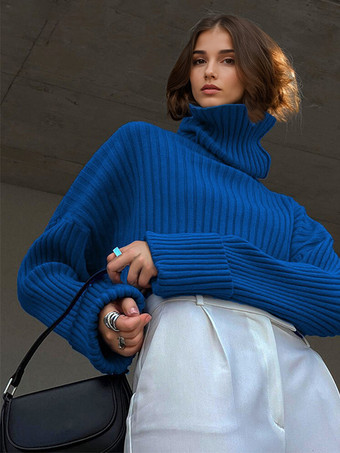 ブルー タートルネック プルオーバー セーター オーバーサイズ カフ 春 カジュアル ニット トップス レディース 2025