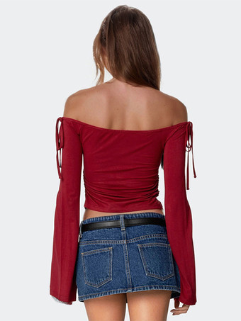 バーガンディ クロップトップ オフショルダー ベルスリーブ 春 カジュアル Tシャツ レディース 2025