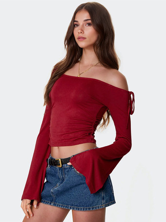 バーガンディ クロップトップ オフショルダー ベルスリーブ 春 カジュアル Tシャツ レディース 2025