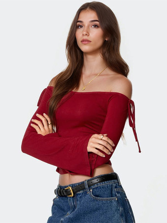 バーガンディ クロップトップ オフショルダー ベルスリーブ 春 カジュアル Tシャツ レディース 2025