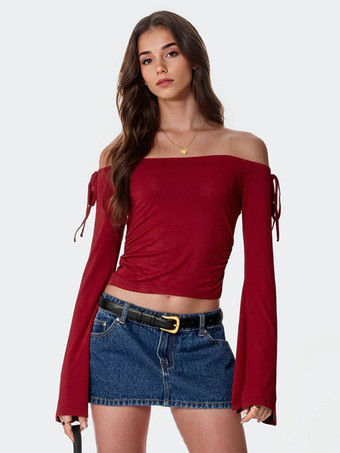バーガンディ クロップトップ オフショルダー ベルスリーブ 春 カジュアル Tシャツ レディース 2025
