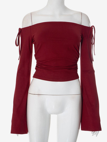 バーガンディ クロップトップ オフショルダー ベルスリーブ 春 カジュアル Tシャツ レディース 2025