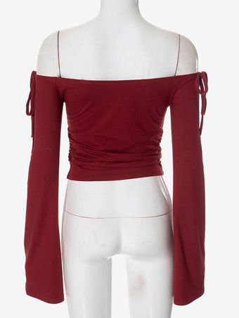 バーガンディ クロップトップ オフショルダー ベルスリーブ 春 カジュアル Tシャツ レディース 2025