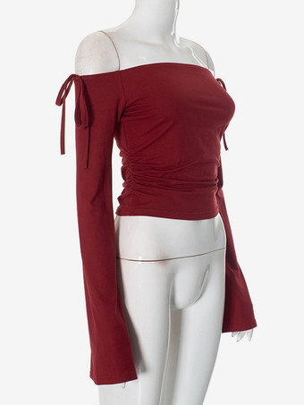 バーガンディ クロップトップ オフショルダー ベルスリーブ 春 カジュアル Tシャツ レディース 2025