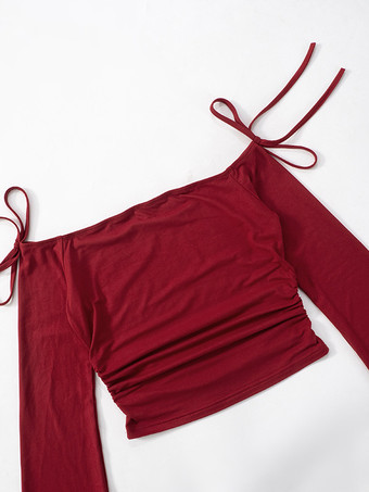 バーガンディ クロップトップ オフショルダー ベルスリーブ 春 カジュアル Tシャツ レディース 2025