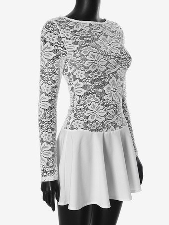 レースオーバーレイ Aラインドレス シアーロングスリーブ ミニパーティードレス レディース 2025