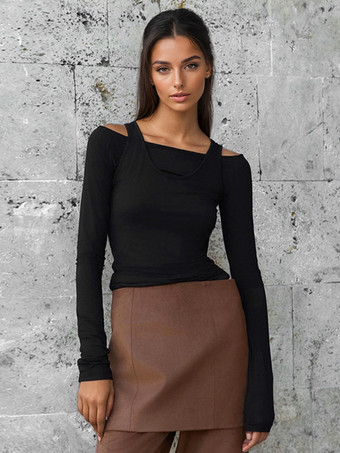 ブラック 長袖クロップトップ 春カジュアルTシャツ レディース 2025