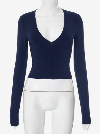 ネイビーブルーの長袖クロップトップ、深いVネック、春のセクシーなTシャツ、女性用2025