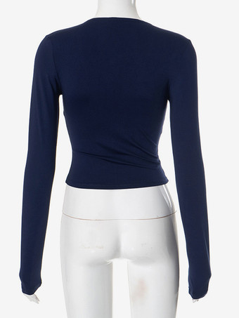 ネイビーブルーの長袖クロップトップ、深いVネック、春のセクシーなTシャツ、女性用2025