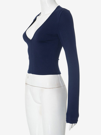 ネイビーブルーの長袖クロップトップ、深いVネック、春のセクシーなTシャツ、女性用2025