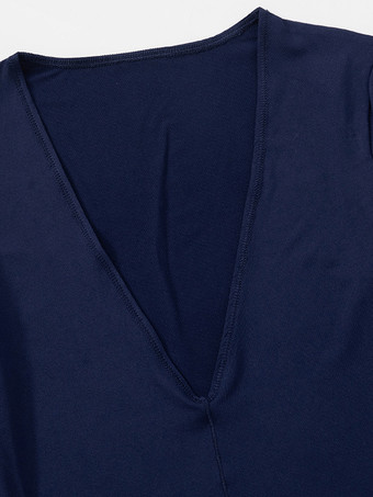 ネイビーブルーの長袖クロップトップ、深いVネック、春のセクシーなTシャツ、女性用2025