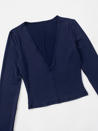 ネイビーブルーの長袖クロップトップ、深いVネック、春のセクシーなTシャツ、女性用2025