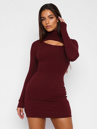 ワインレッド セクシーなカットアウトボディコンドレス ハイネック 長袖 ミニドレス レディース 2026