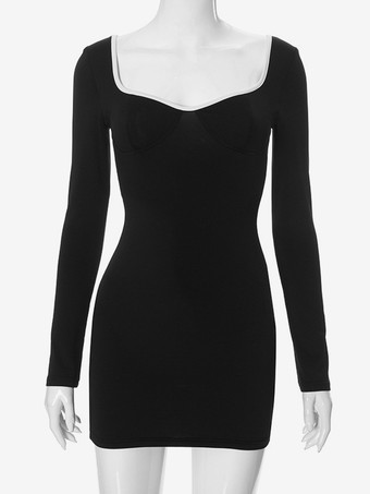 ロングスリーブ ボディコンドレス コントラストカラー ハートネック ミニドレス レディース 2025