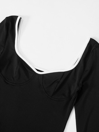 ロングスリーブ ボディコンドレス コントラストカラー ハートネック ミニドレス レディース 2025