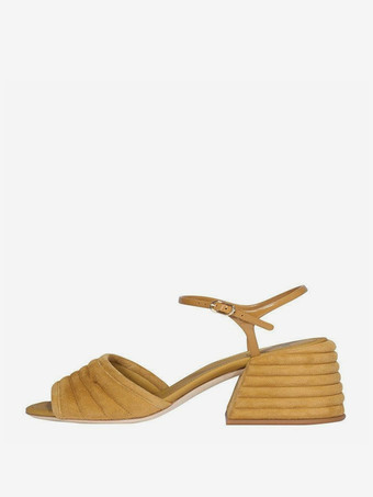 ブラウンチャンキーヒールサンダル スエード オープントゥ サンダル レディース