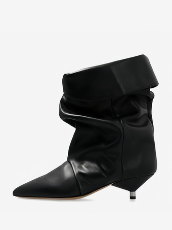 ブラック スエード スラウチブーツ ヒョウ柄 ポインテッドトゥ キトンヒール ブーティ