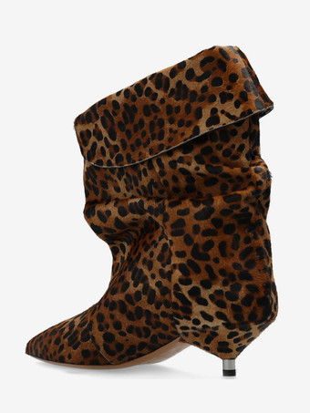 スエード スラウチブーツ ヒョウ柄 ポインテッドトゥ キトンヒール ブーティ