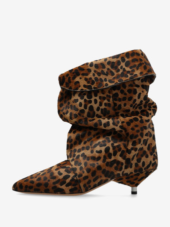 ブラウン スエード スラウチブーツ ヒョウ柄 ポインテッドトゥ キトンヒール ブーティ