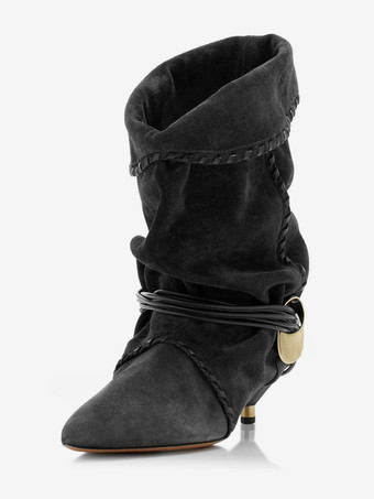 レディース アンクルブーツ ポインテッドトゥ メタルディテール レースアップ スラウチブーティ