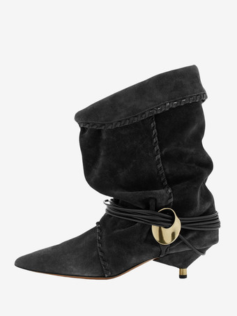 ブラック レディース アンクルブーツ ポインテッドトゥ メタルディテール レースアップ スラウチブーティ