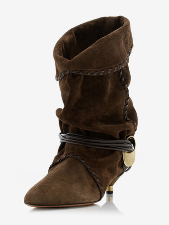 レディース アンクルブーツ ポインテッドトゥ メタルディテール レースアップ スラウチブーティ