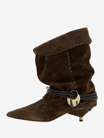 ブラウン レディース アンクルブーツ ポインテッドトゥ メタルディテール レースアップ スラウチブーティ