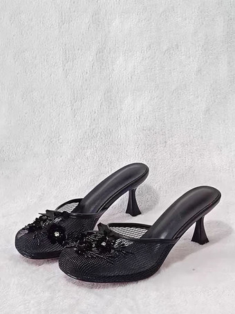 ブラック ピンクのハイヒールミュール メッシュ ラウンドトゥ 花柄 バックレス パンプス