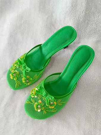 グリーン ピンクのハイヒールミュール メッシュ ラウンドトゥ 花柄 バックレス パンプス