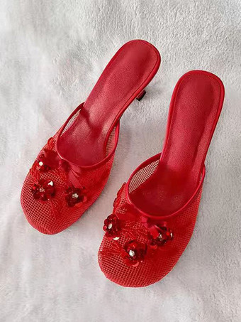 レッド ピンクのハイヒールミュール メッシュ ラウンドトゥ 花柄 バックレス パンプス