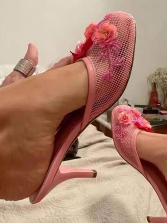 ピンクのハイヒールミュール メッシュ ラウンドトゥ 花柄 バックレス パンプス