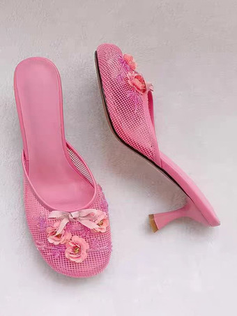 ピンクのハイヒールミュール メッシュ ラウンドトゥ 花柄 バックレス パンプス