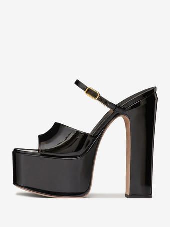 ブラック ハイヒールミュール プラットフォーム オープントゥ チャンキーヒール サンダルシューズ