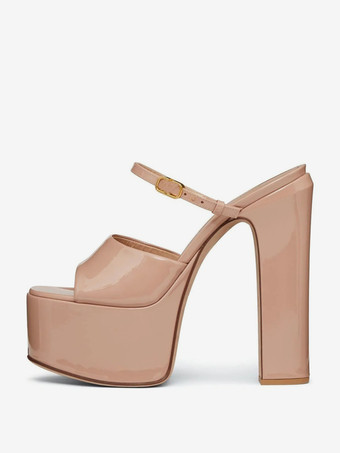 ディープアプリコットハイヒールミュール プラットフォーム オープントゥ チャンキーヒール サンダルシューズ