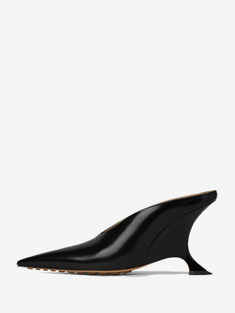 ブラック レディース ブラック ミュール ポインテッドトゥ デザインヒール スリッポン パンプス