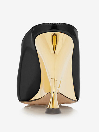 レディース ブラック ミュール ポインテッドトゥ デザインヒール スリッポン パンプス